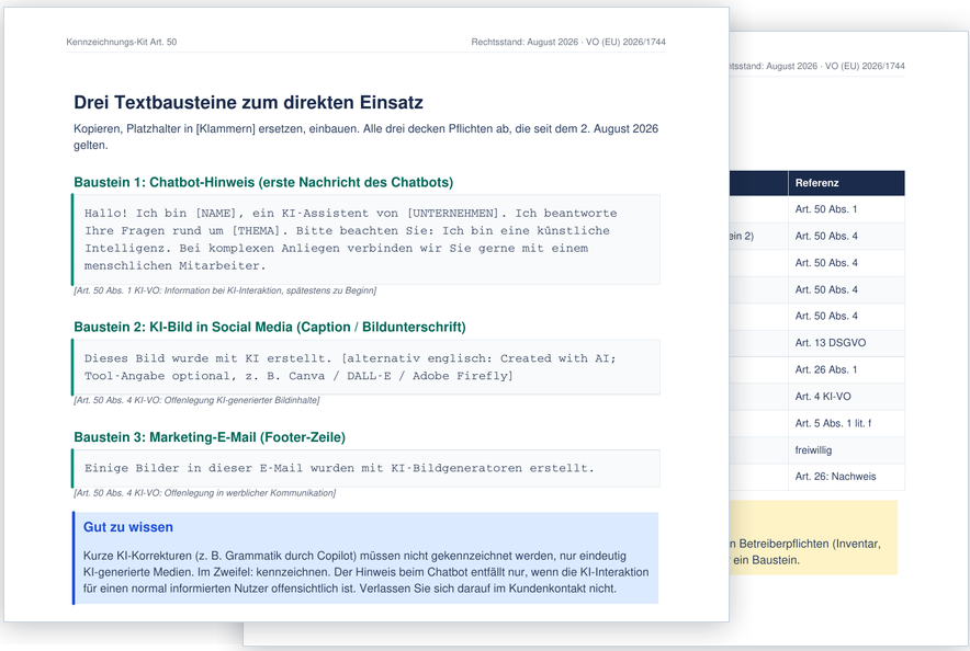 Vorschau: Seite mit den drei Textbausteinen und Seite mit der 11-Punkte-Checkliste